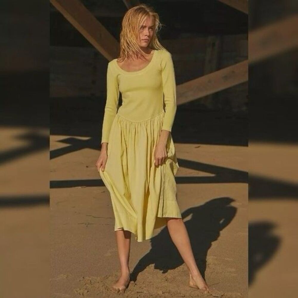 Free People Aelia Drop-Waist Midi Dress M Women Casual Boho Flared Green 37647